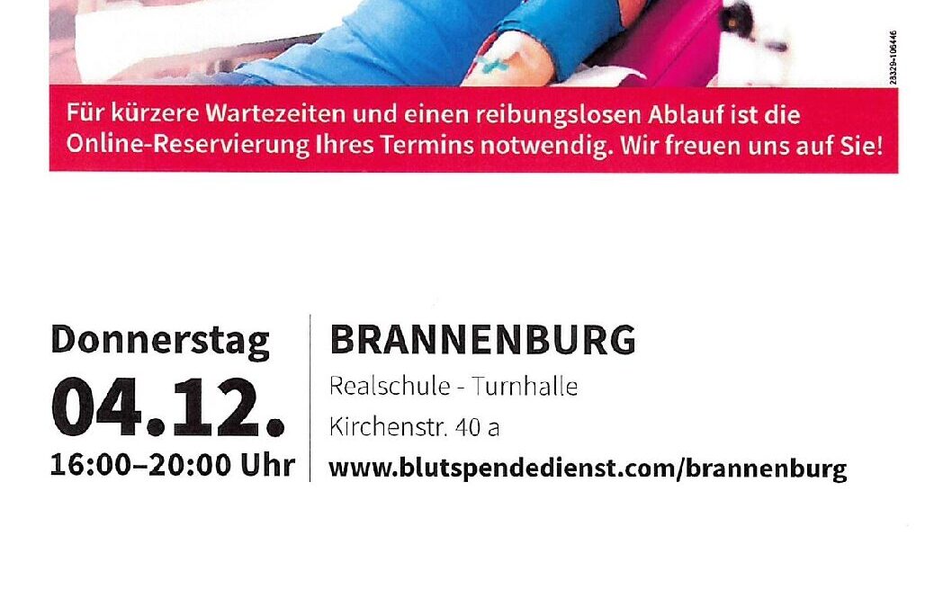 Blutspende-Termin Donnerstag, 04. Dezember 2025 16:00-20:00 Uhr Realschule-Turnhalle Brannenburg